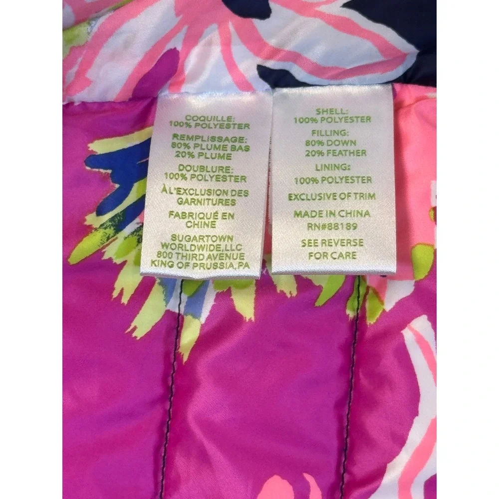 Lilly Pulitzer Navy Puffer Vest Floral Lining Down Fill Gold Tassel Small GUC